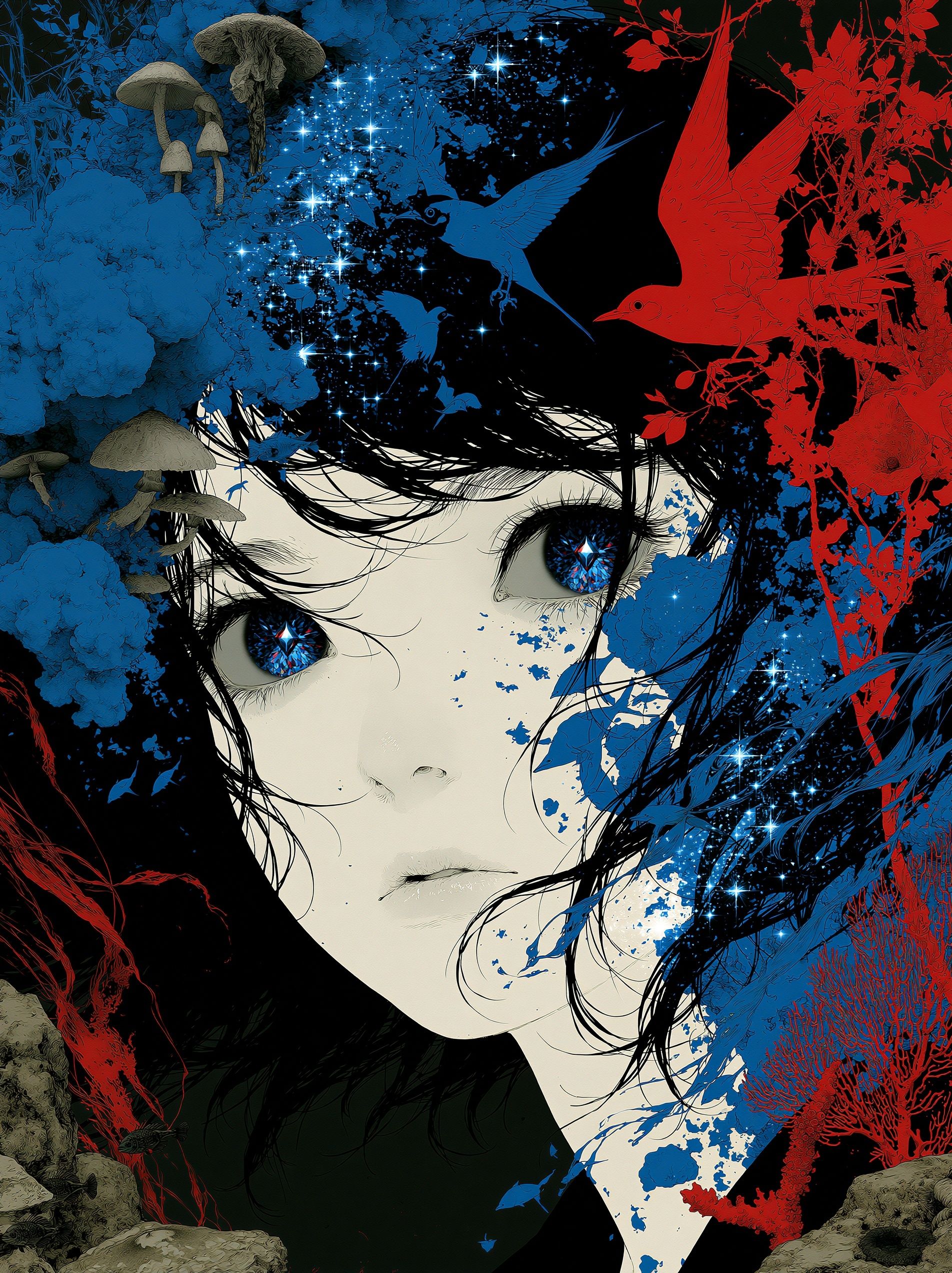 An illustration of an impressionable girl inspired by Japanese animation depicting her delicate inner world