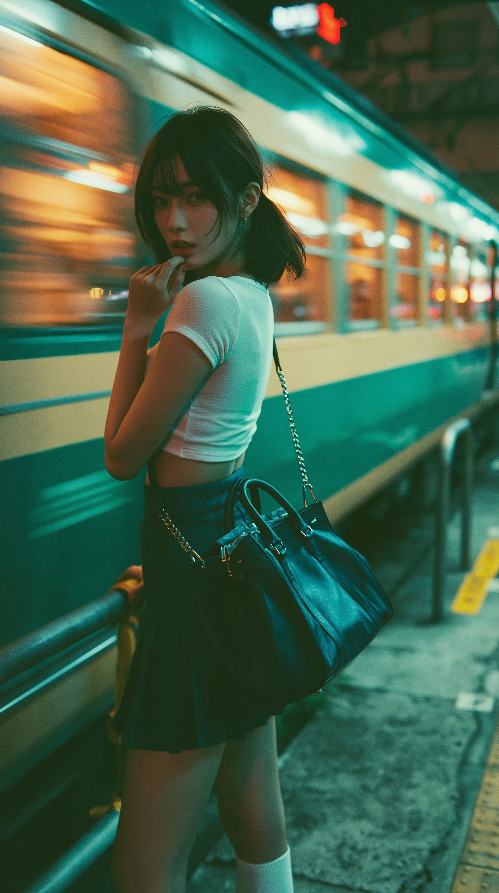 At the night train station platform, a young East Asian woman stands in the foreground, looking back at the camera, wearing a white T-shirt matched with a mini skirt, carrying a deep blue handbag, with a moving train carriage in the background.