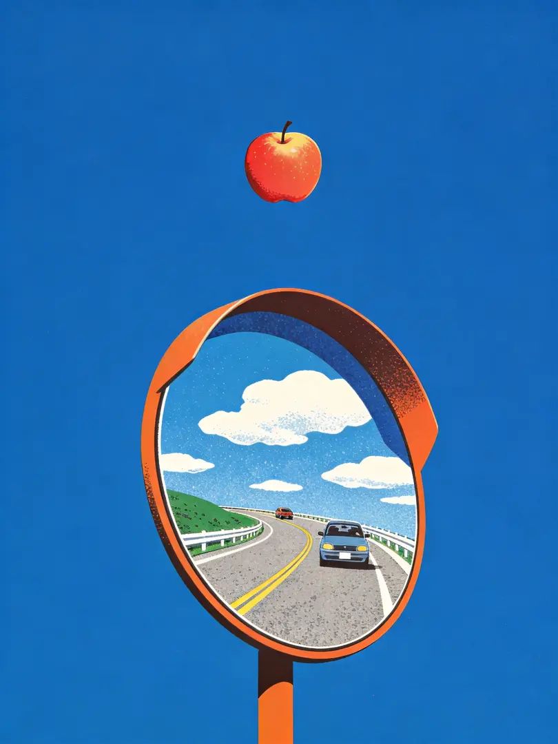 Illustration in Takemasa Ryo style showing road curve mirror scene with apple