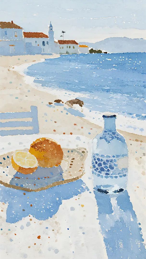 Romantic still life of a blue seaside town beach