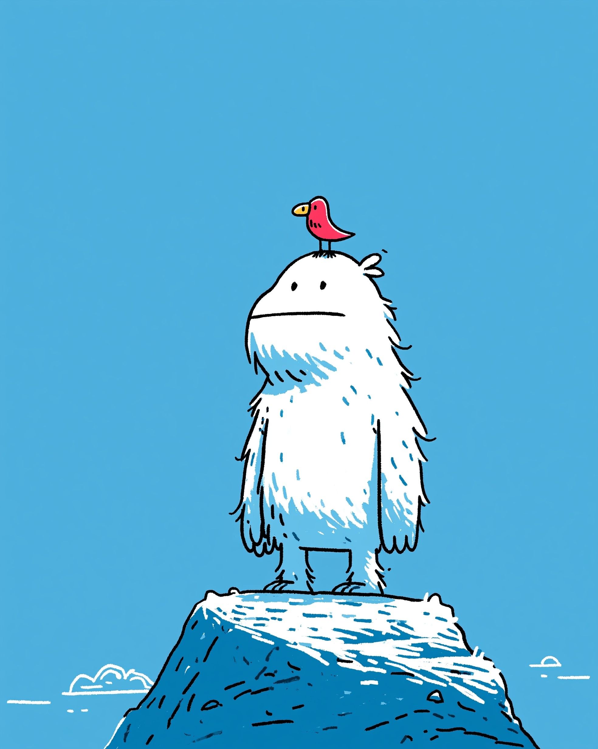 Digital painting of a white wookie with a golden bird on its head, standing on top of a mountain, full body, centered, light background, cartoon style