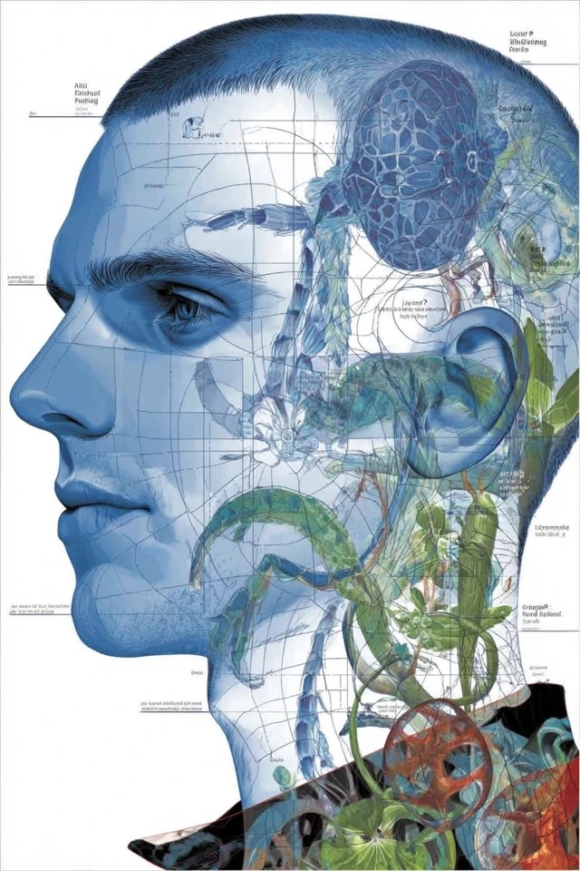 Cool-toned digital collage merges anatomical illustration with botanical and mechanical elements