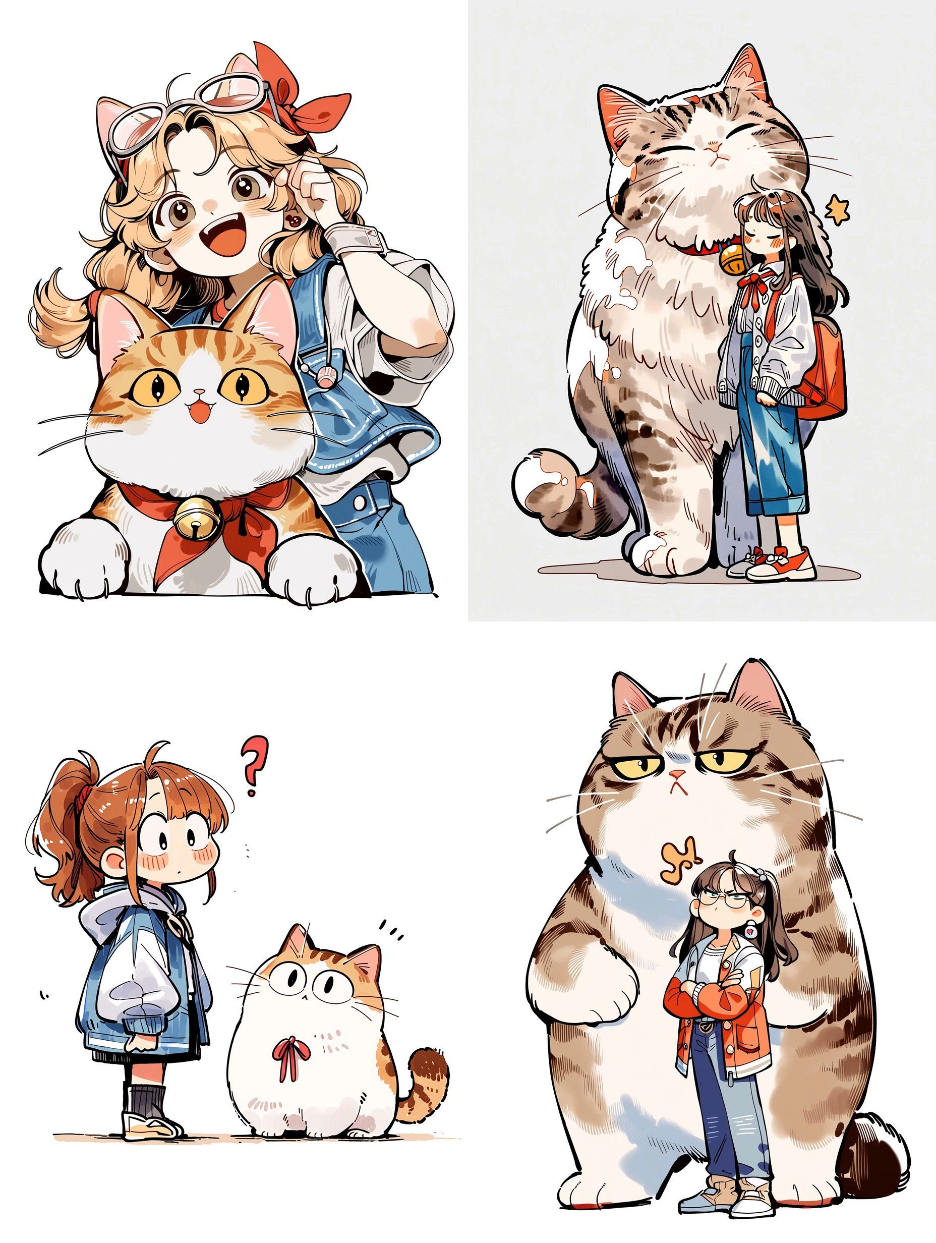 A hand-drawn four-panel retro comic depicts humorous interactions between girls and cats