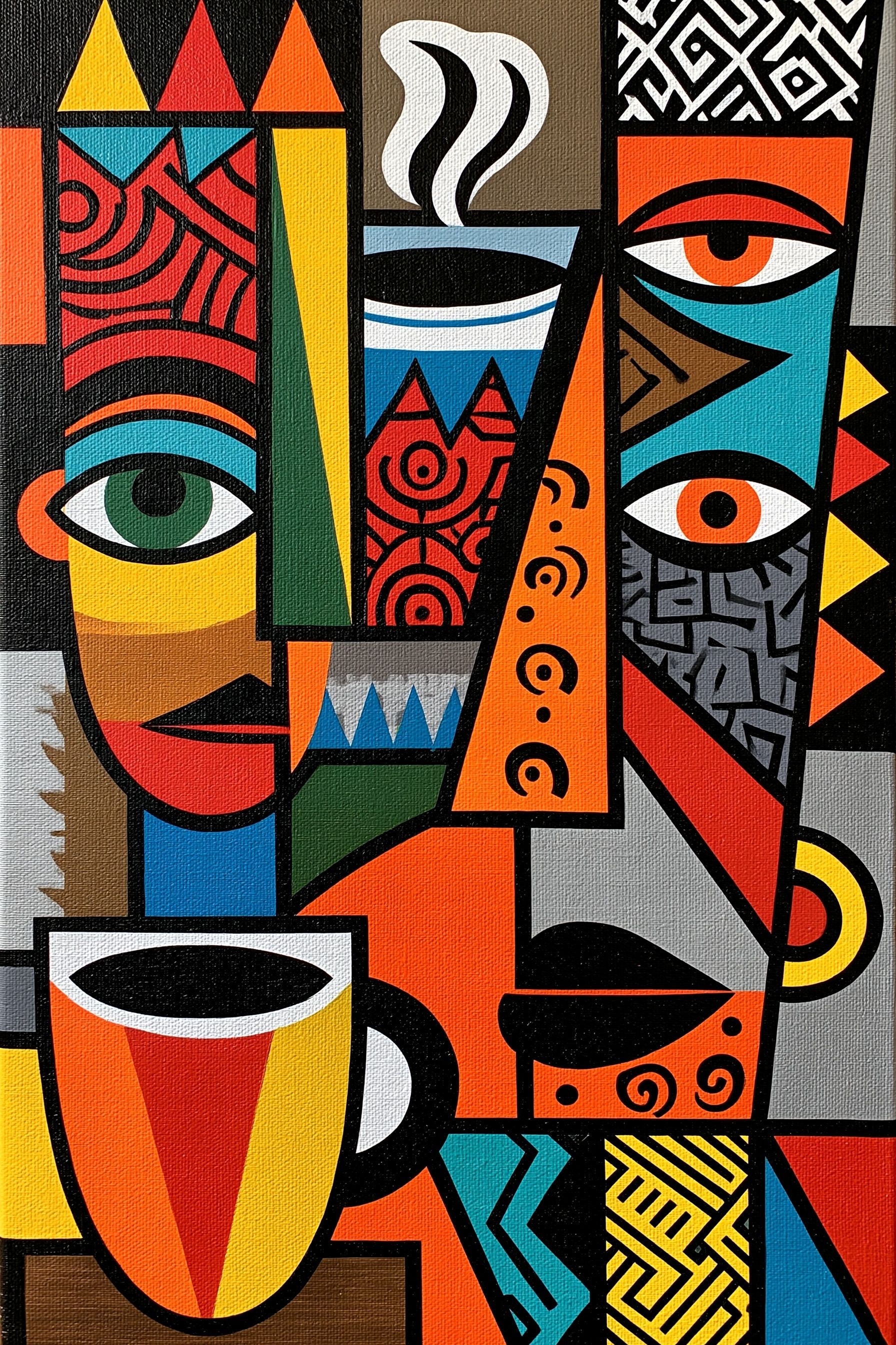 مهرجان القهوة الملون بأسلوب الرسوم المتحركة الذي يدمج بين Soul Steinberg و Keith Haring + Mark Kostabi