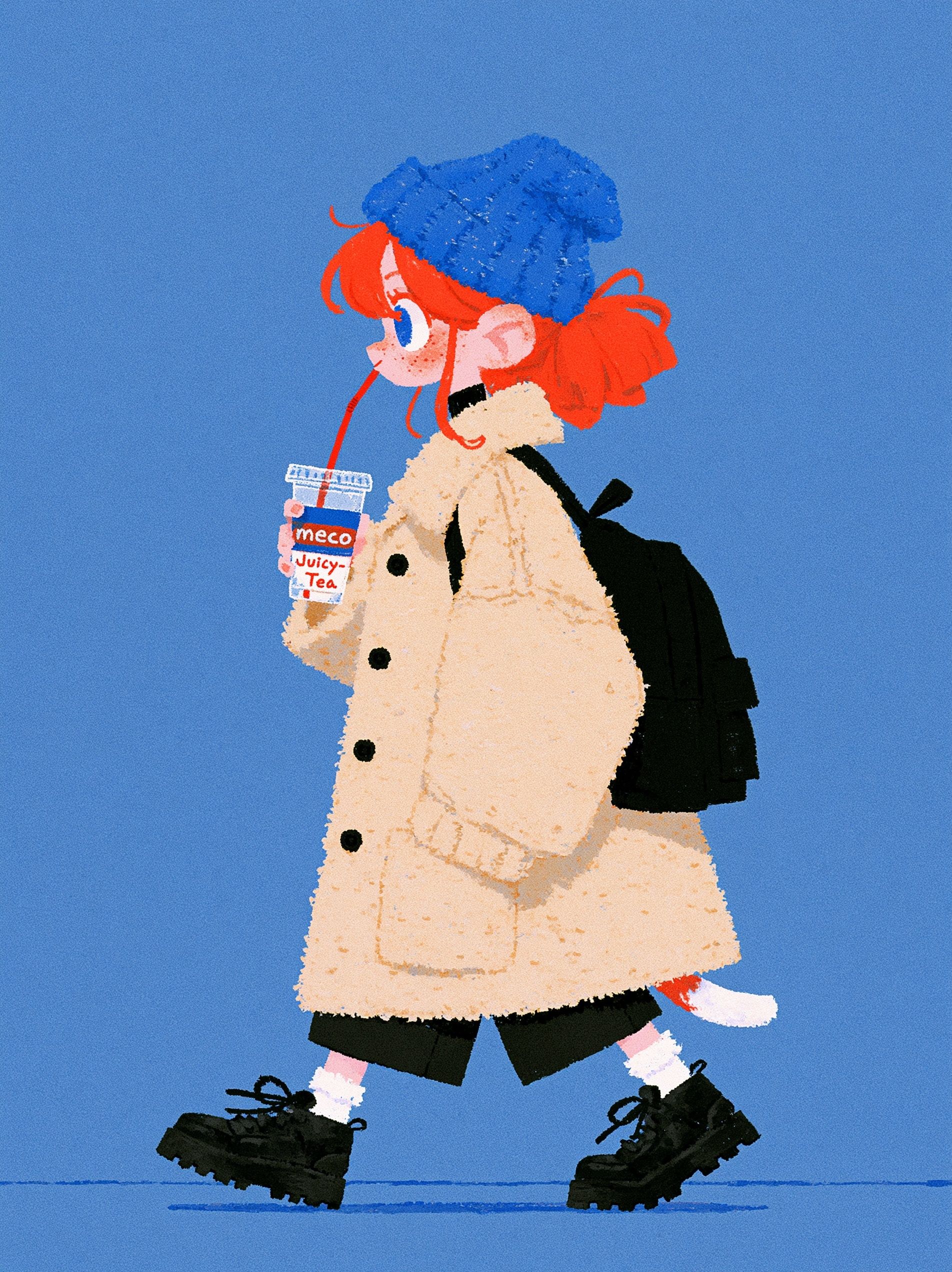 Young redhead woman drinks from a branded plastic cup
