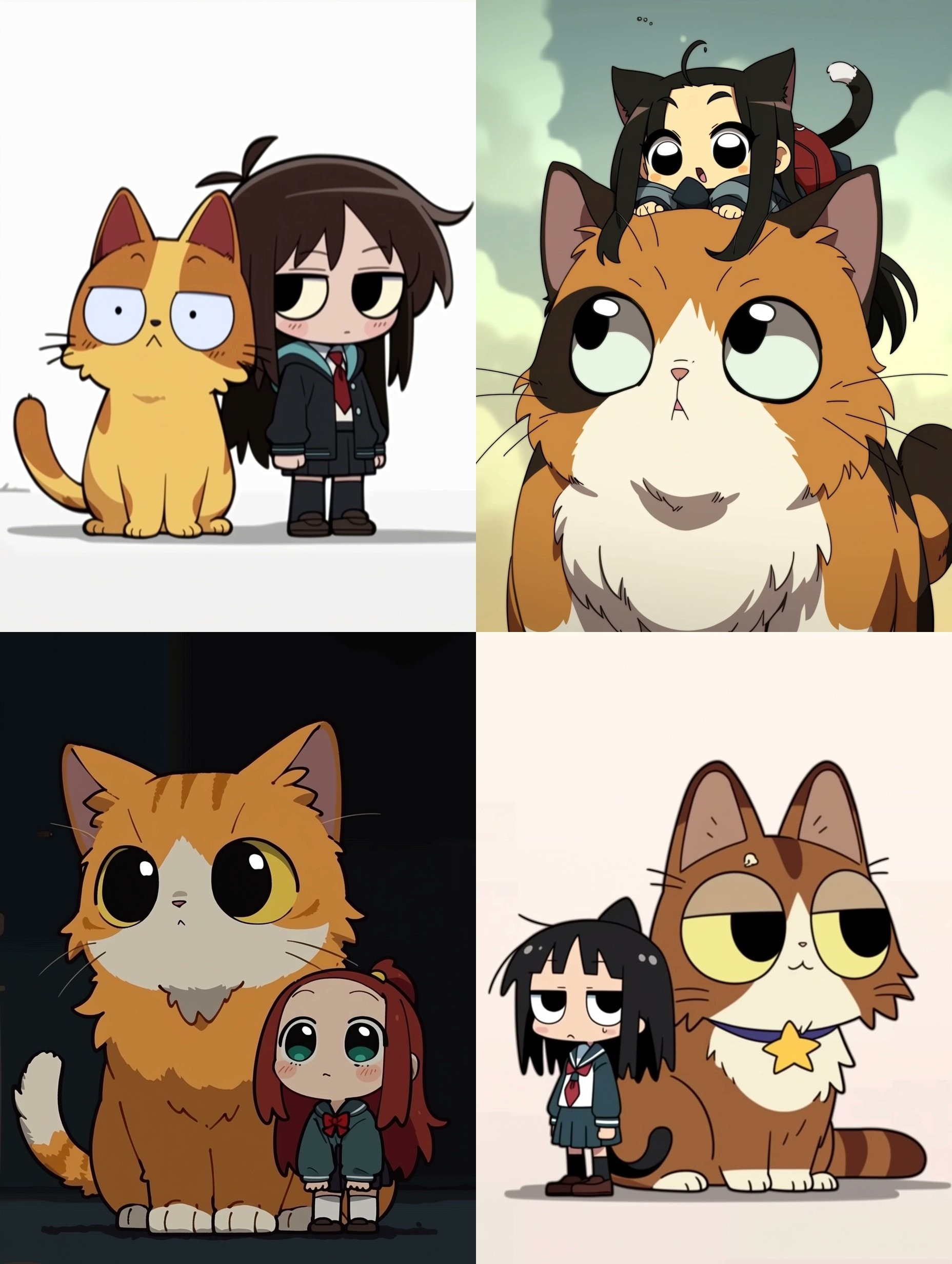 L'animation chibi en quatre panneaux montre des interactions uniques entre des filles et des chats