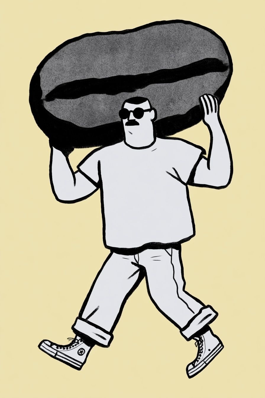 Stylized illustration of a male character holding a comically oversized coffee bean, wearing high-water straight fit pants rolled up at the bottom, a wide-fit box tee, Converse Chuck Taylor shoes, round sunglasses, with a deadpan expression. Bold, graphic style with clean lines, strong contrast, and a timeless and iconic feel.