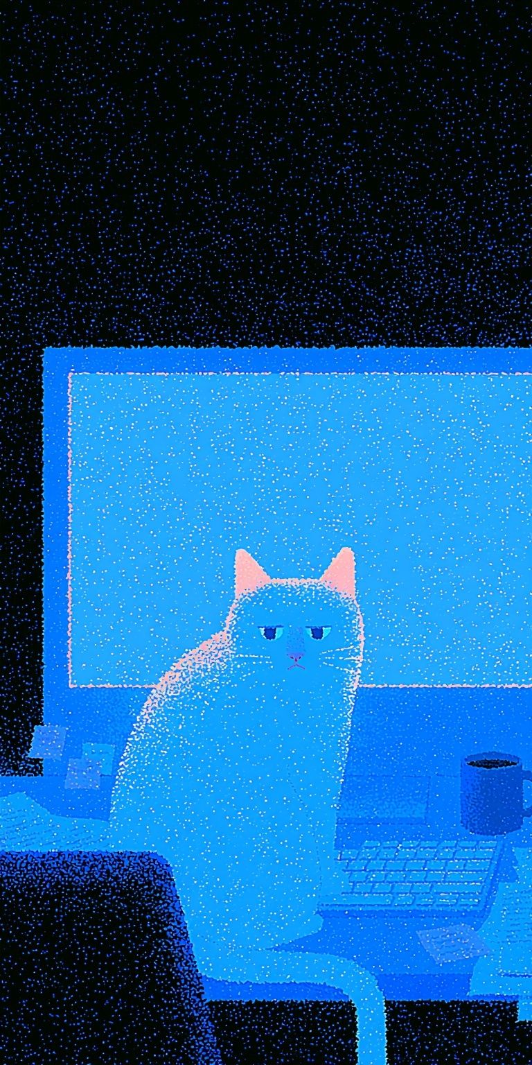 Минималистичная ручная иллюстрация белой кошки, тихо сидящей перед компьютером