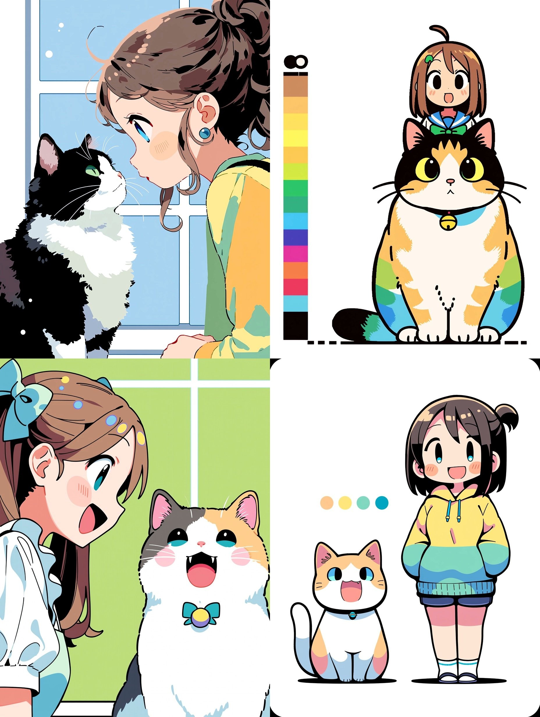 四幅色彩丰富的漫画展示了女孩与猫互动的欢乐场景