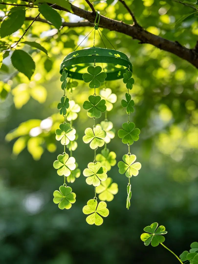 Four-leaf clover wind chimes sway in the sunlight