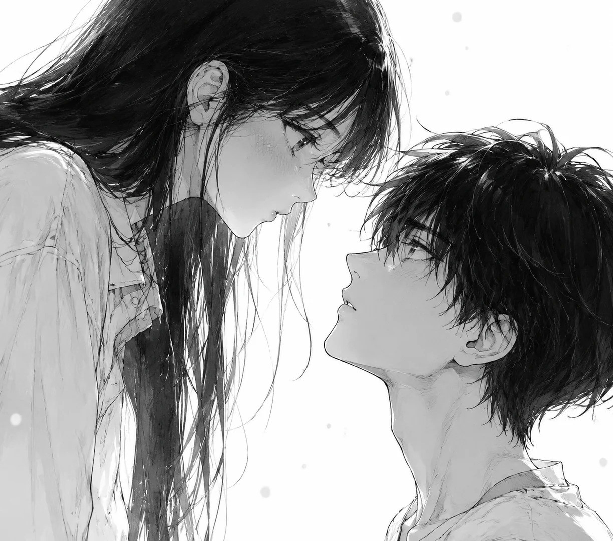 A black-and-white manga illustration of a young woman and man in an intimate profile