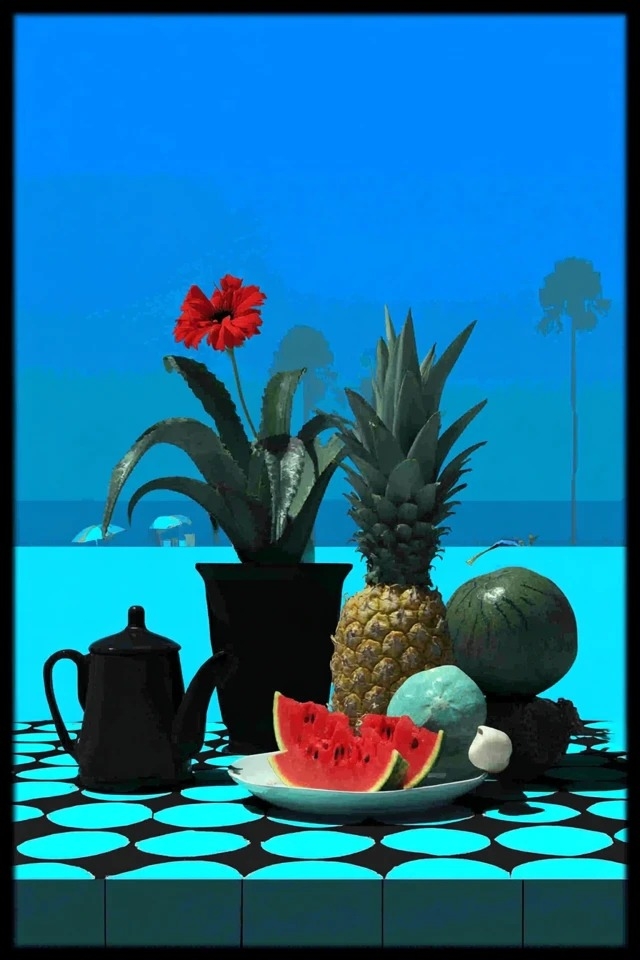 Wagemutige minimalistische Porträtkunst mit einer kontrastreichen Cyan-, Schwarz- und Karminpalette, passend für Modemagazine und Albumcover