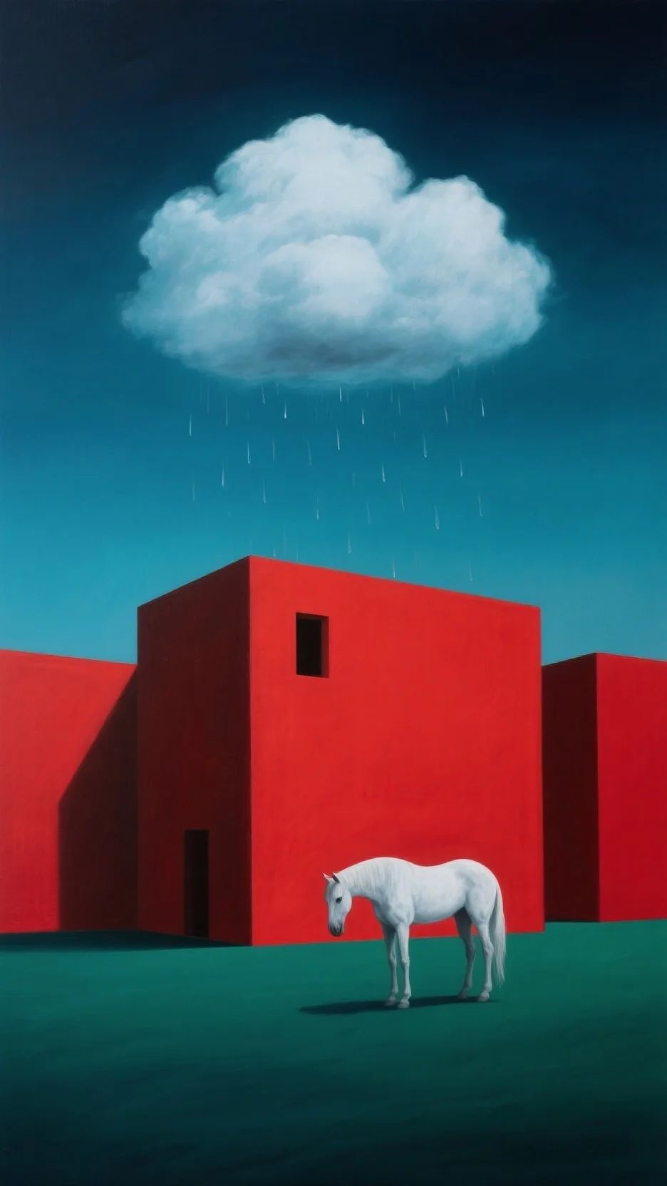 The artwork showcases minimalist surrealism, emphasizing dream and absurd emotions