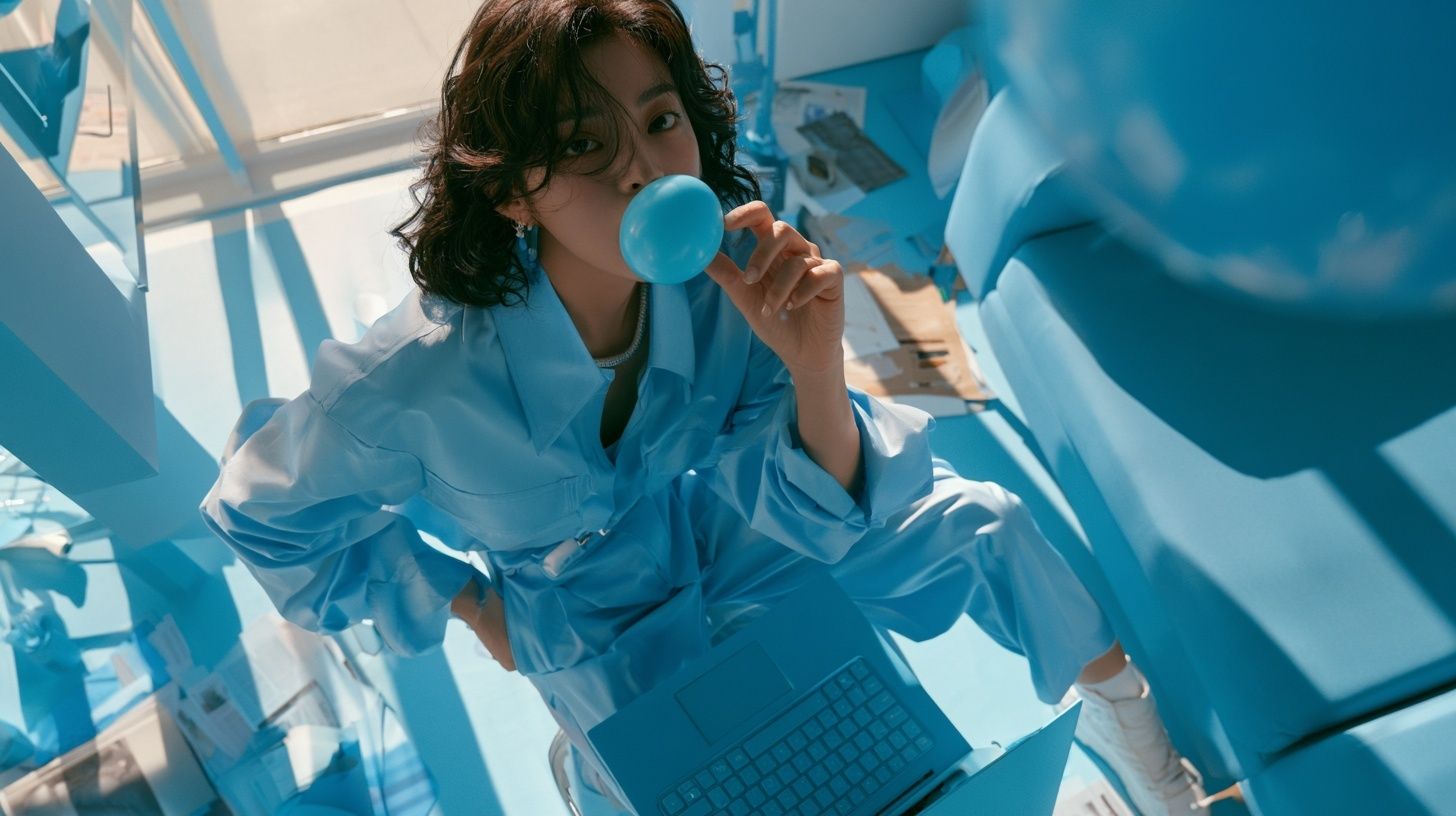 Un modèle féminin coréen en tenue de bureau bleue surdimensionnée regarde en haut et souffle un grand chewing-gum bleu tout en tapant sur un ordinateur portable bleu