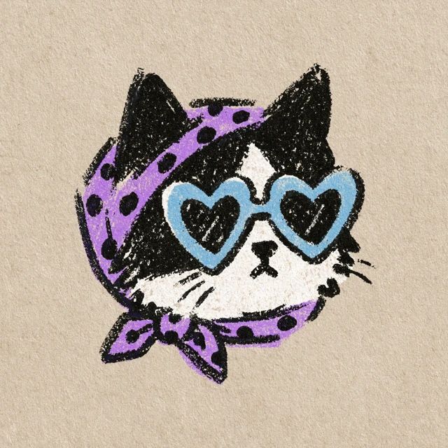 Um gato preto e branco usando um lenço roxo com bolinhas e óculos de sol em formato de coração