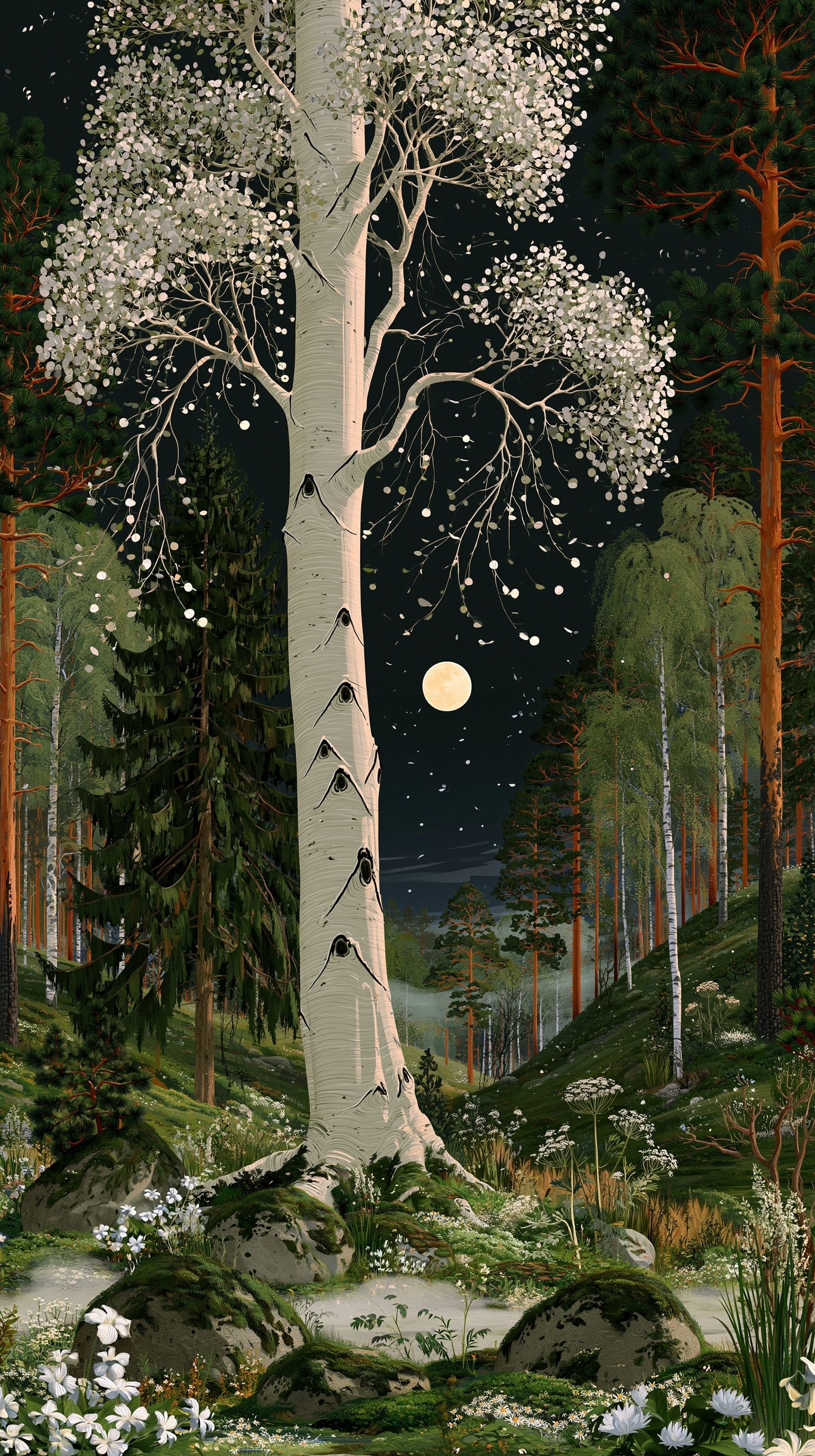 Un grand et élancé peuplier d'Europe se tient seul dans une clairière forestière balte éclairée par la lune