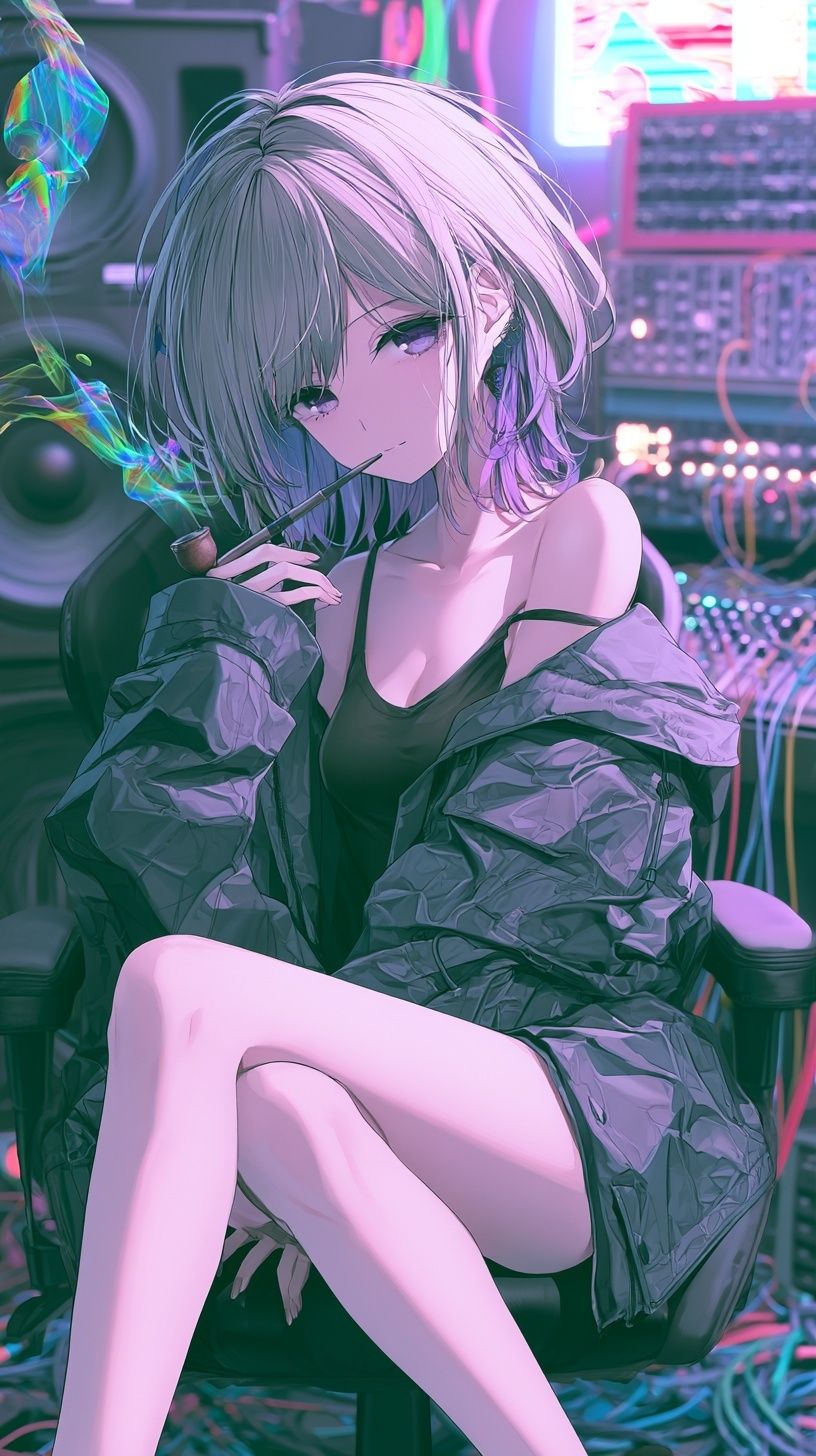 A 20-year-old beauty sits lazily, smoking a pipe that emits colorful smoke, surrounded by futuristic music equipment