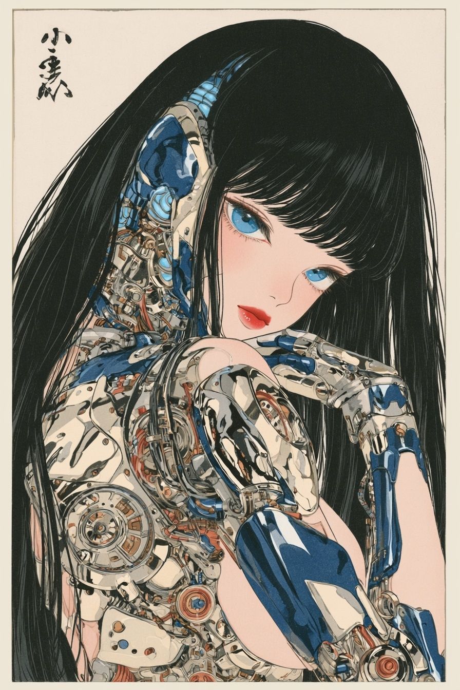 a female cyborg with long black hair and blue eyes looking over her shoulder