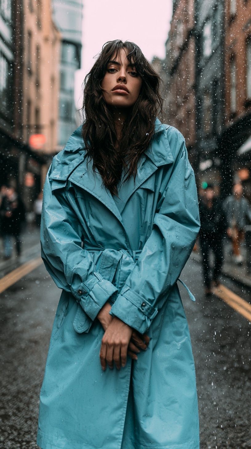 時尚模特站在城市街道中間穿著冷冰冰的藍色雨衣
