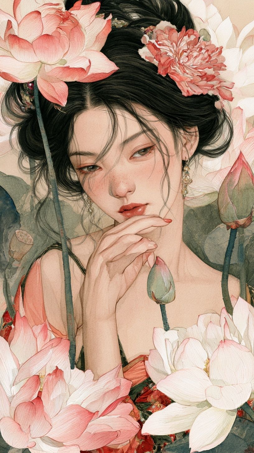 一位年輕女性在湖邊，背景是粉白色荷花，展現出自然之美和奇幻魅力