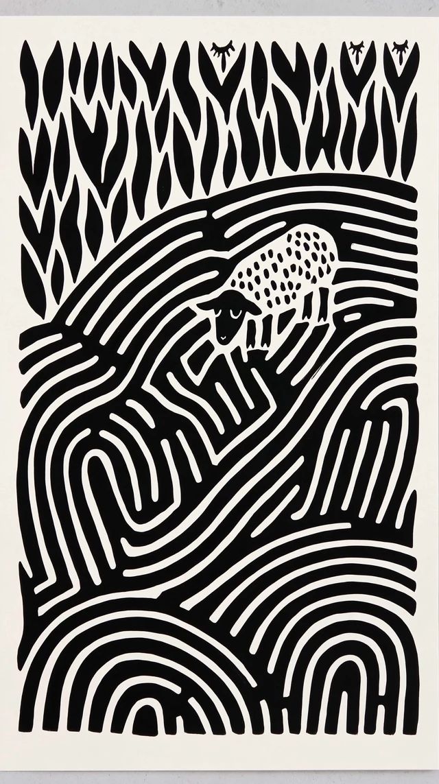 A minimalist Nordic poster of a sheep lost in a maze