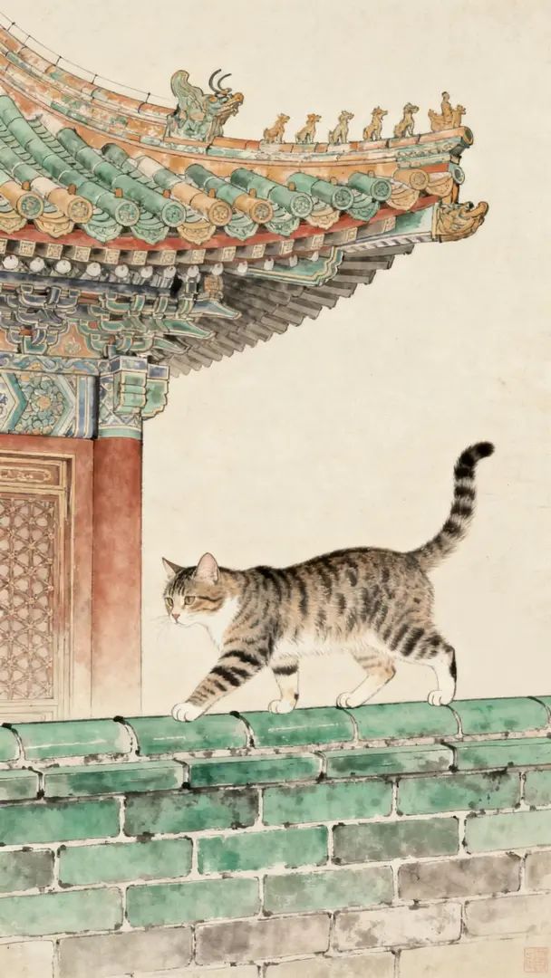 A cat walking on a blue brick wall in Qing palace style