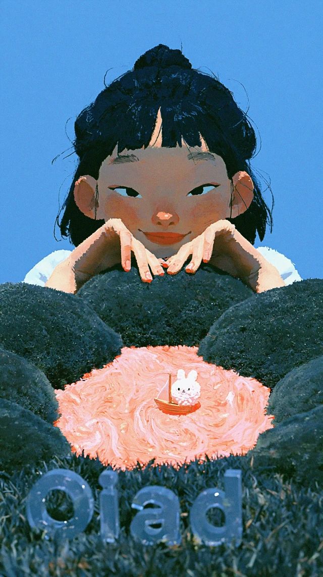 Uma jovem mulher do Leste Asiático sorri enquanto olha para baixo para um mundo em miniatura e um lago brilhante