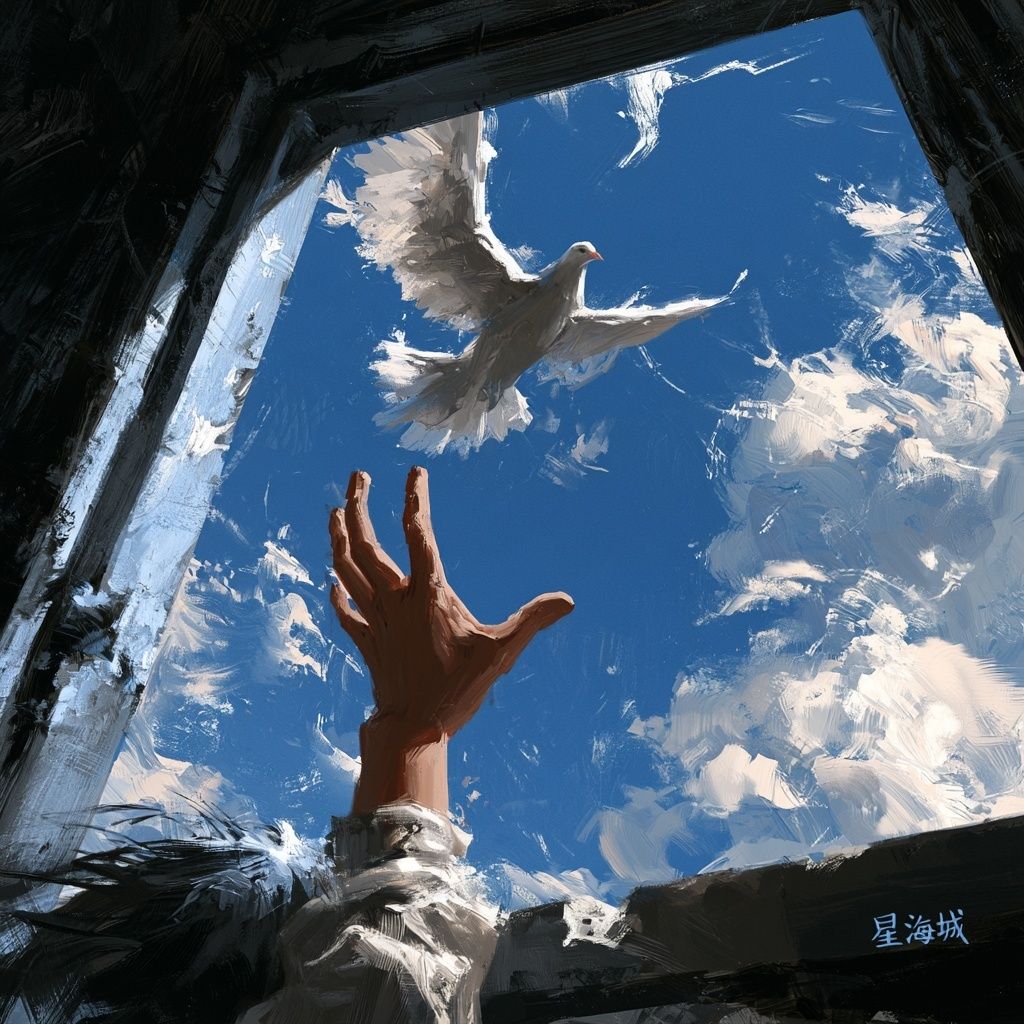The protagonist reaches out to catch the white dove flying outside the window from a dark room