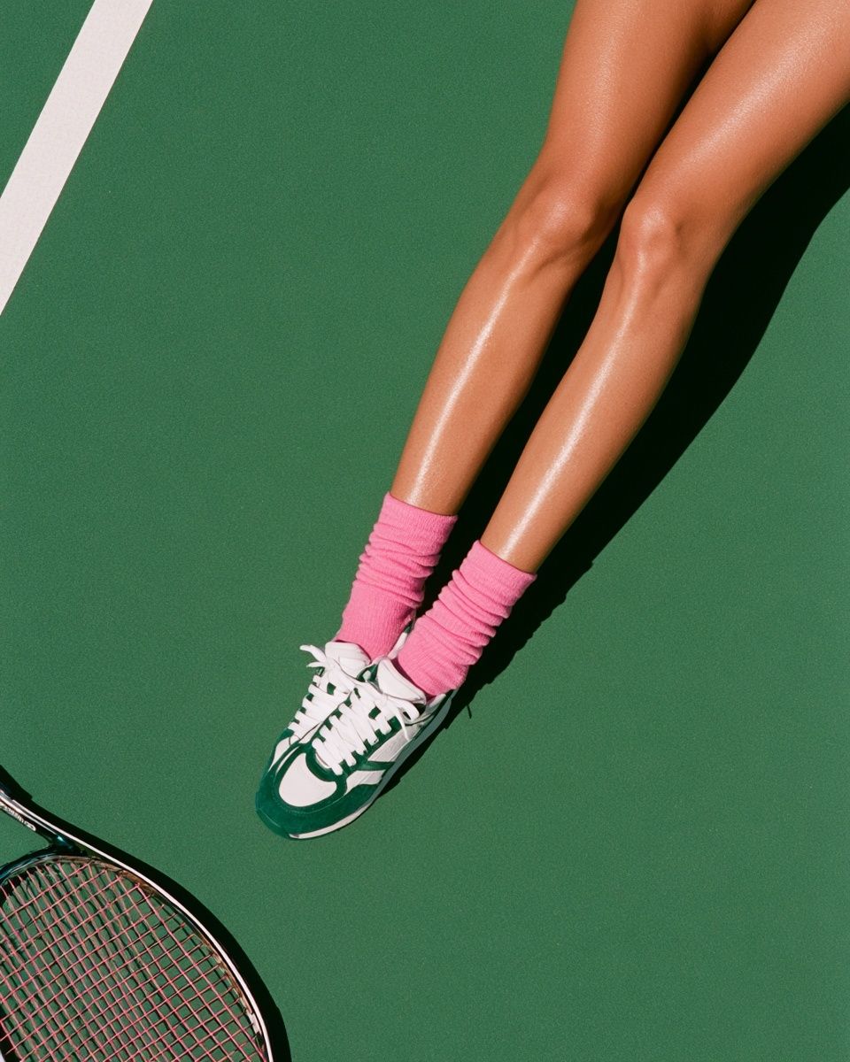 Une campagne de mode de luxe présente un court de tennis ensoleillé et les jambes d'une personne