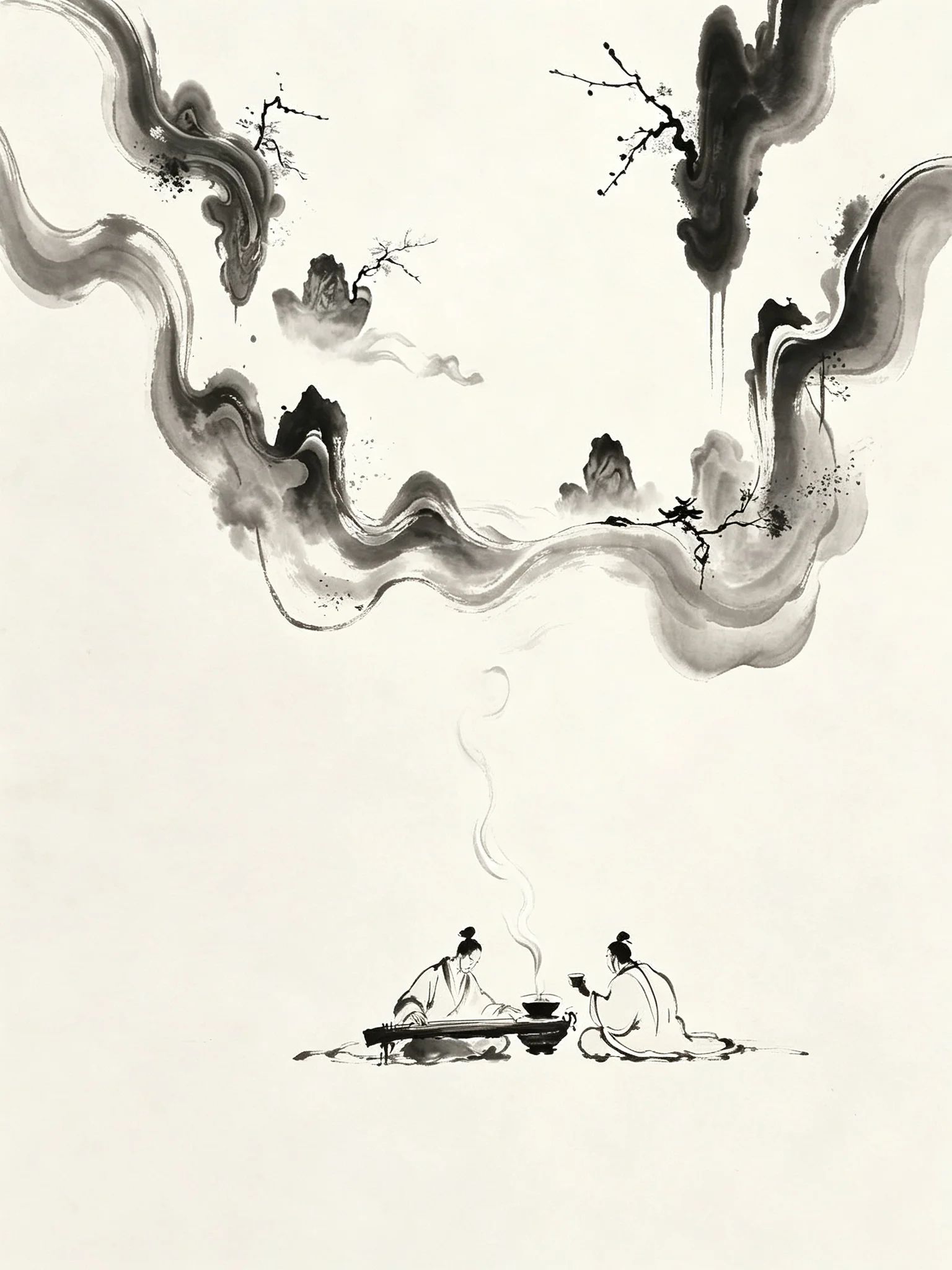 The ink wash painting depicts the harmony of heaven, earth, and humanity