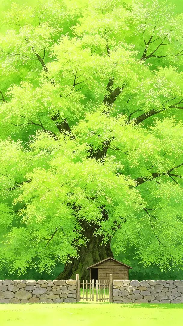 Eine handgezeichnete minimalistische Surrealismus-Heilungslandschaftsillustration zeigt einen detaillierten alten Wald