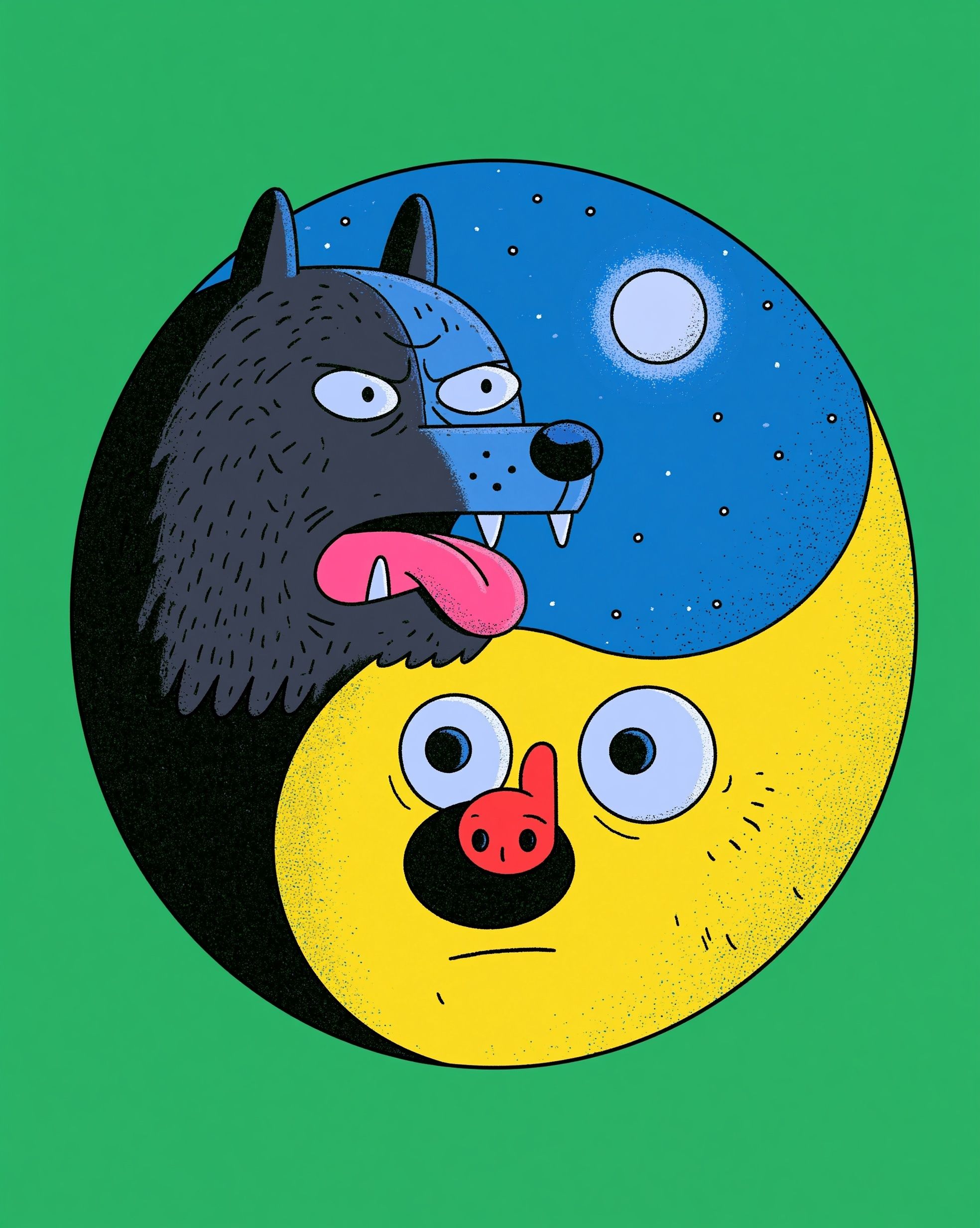 The yin and yang symbol is formed by two angry wolfman creatures, one dark and one bright
