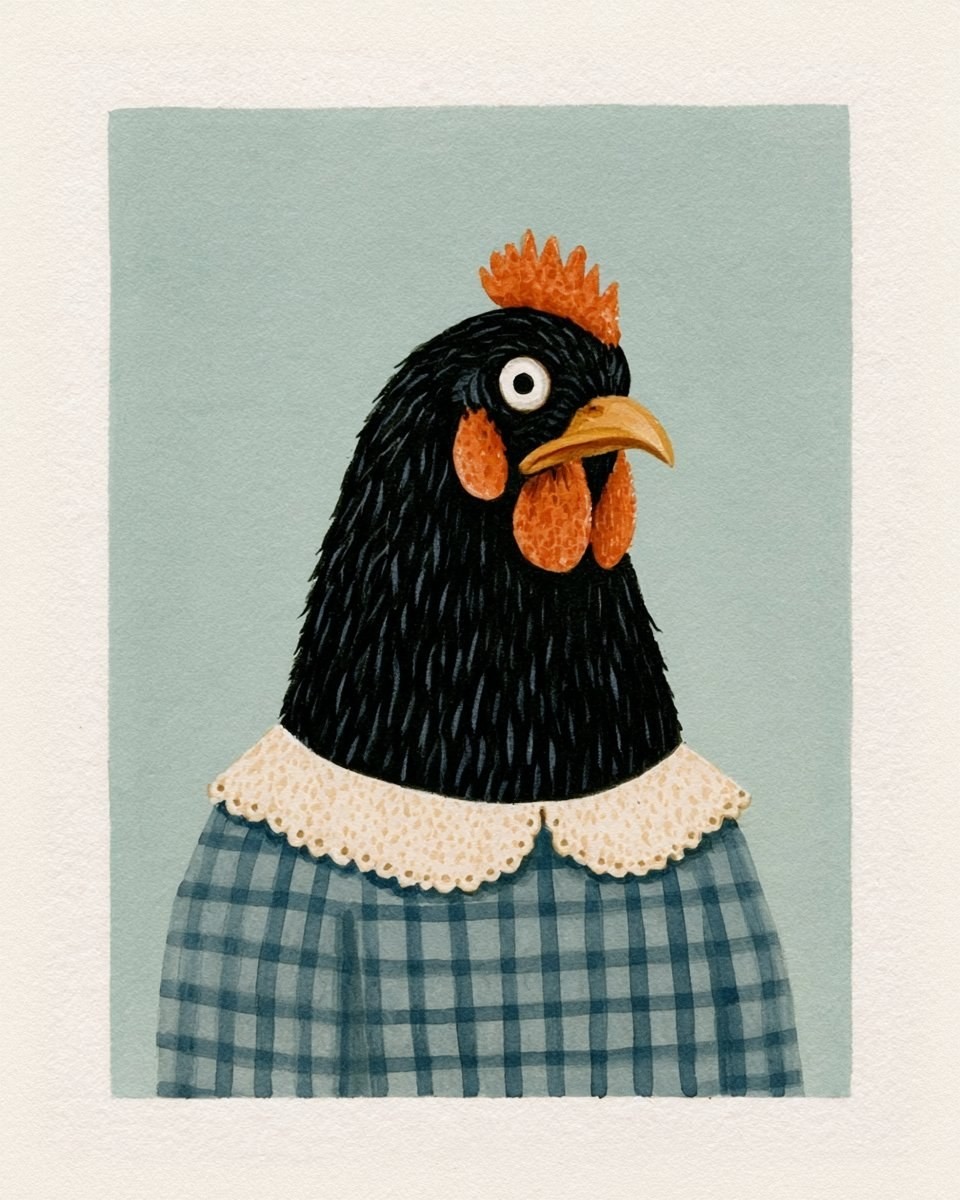 Un gallo negro humanizado vestido con ropa de caballero retro