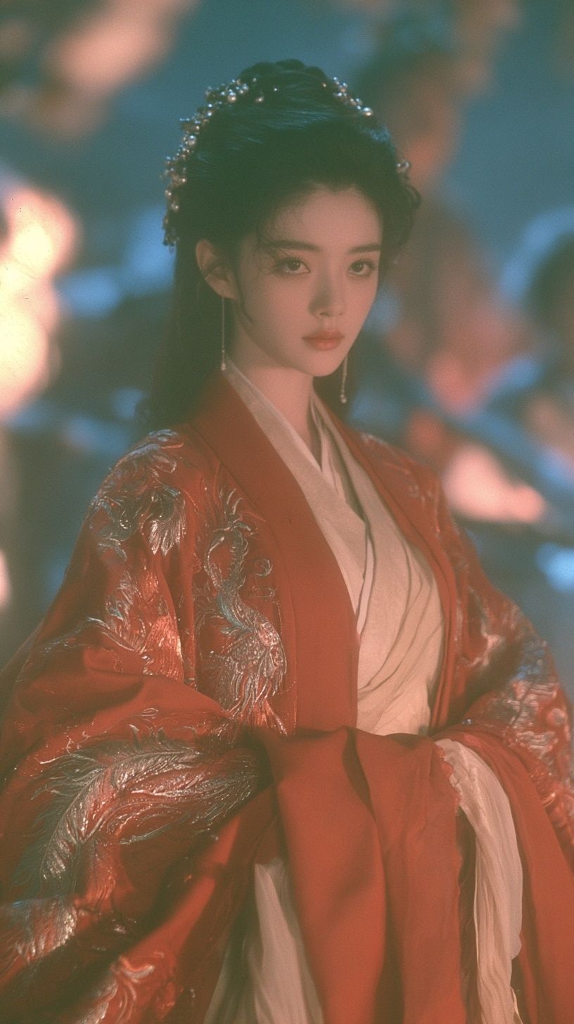 A classical beauty in a red heavily embroidered wedding gown exuding unique elegance