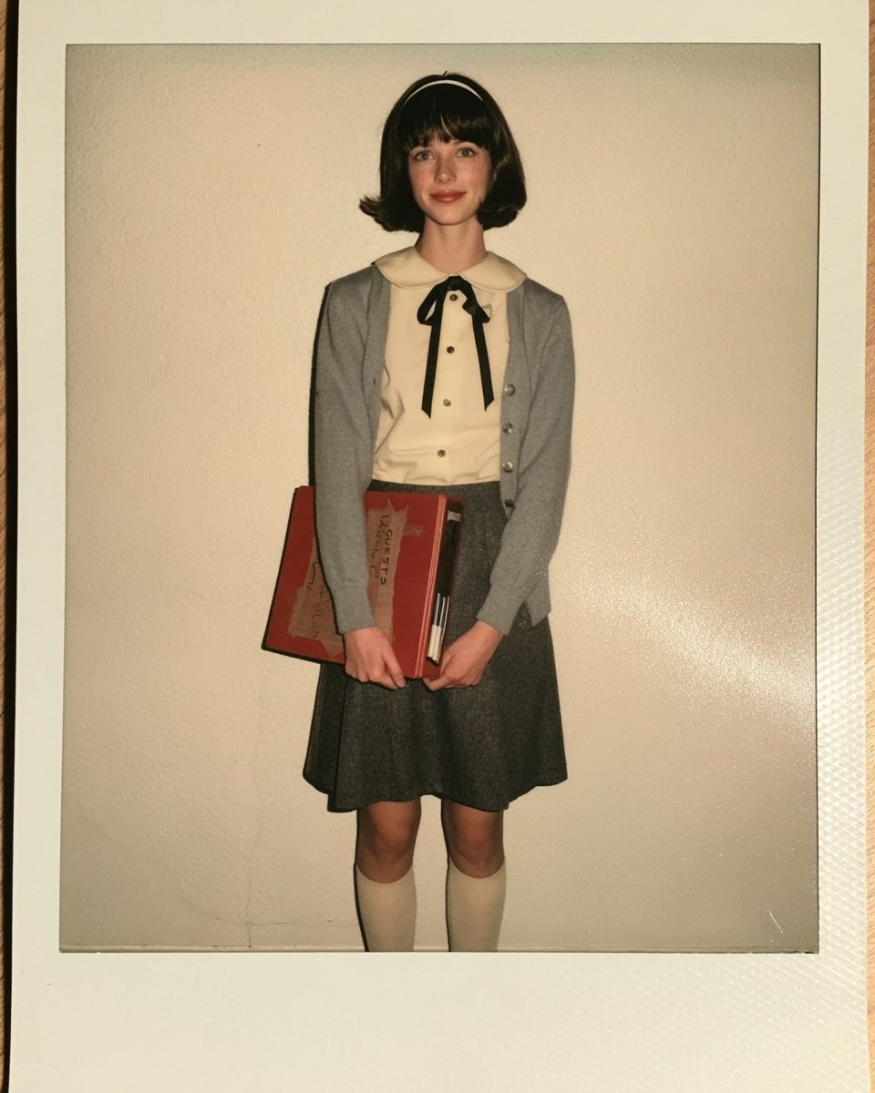 Fille américaine de 1979 en jupe grise et blouse blanche souriant en tenant un dossier rouge