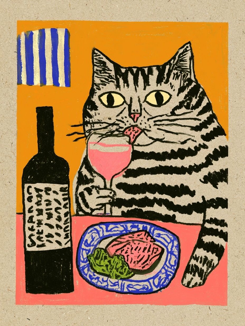 A hand-drawn illustration of a female cat drinking wine
