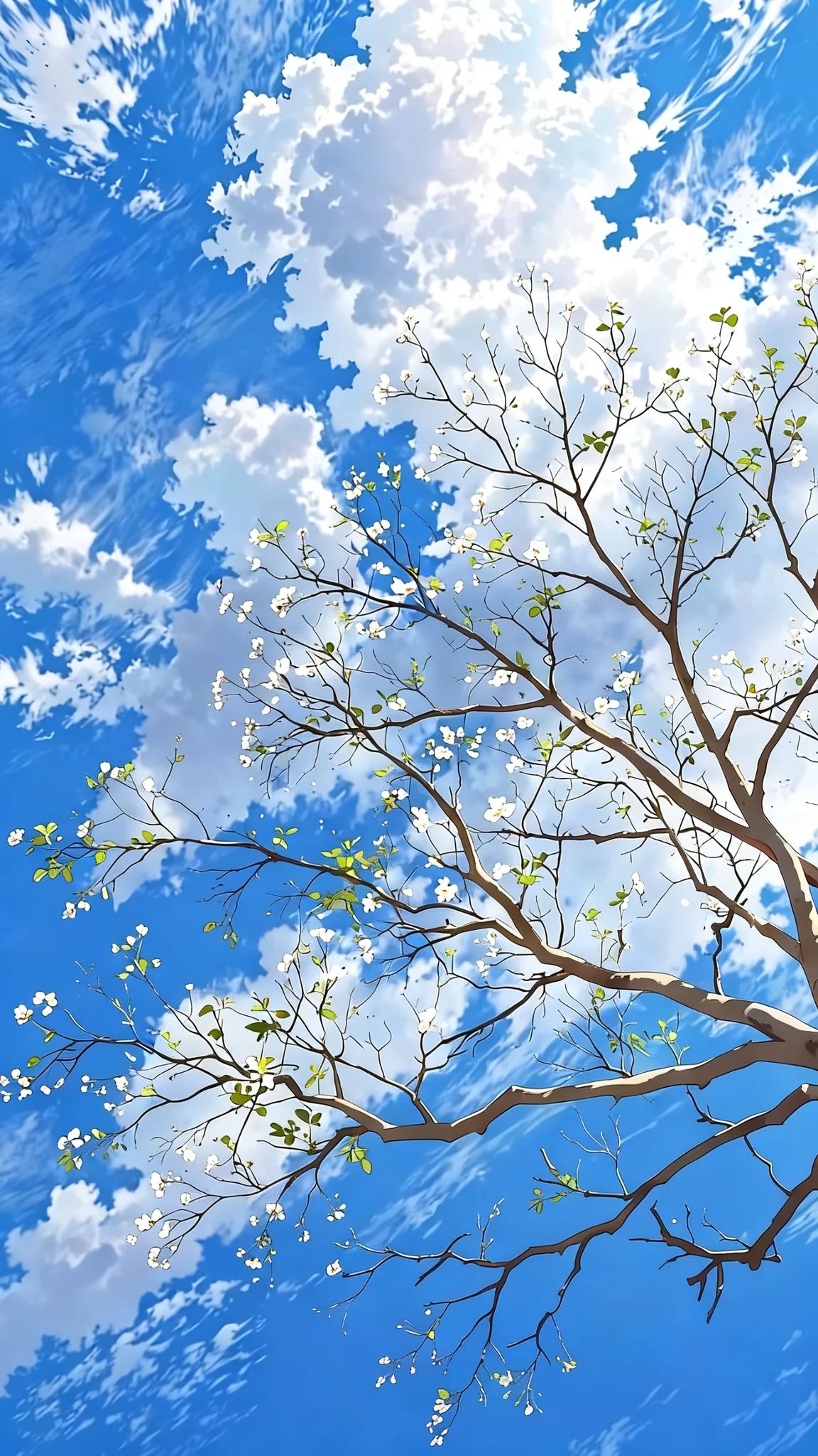 Branches with white flowers and fresh green leaves create a serene spring atmosphere under the blue sky