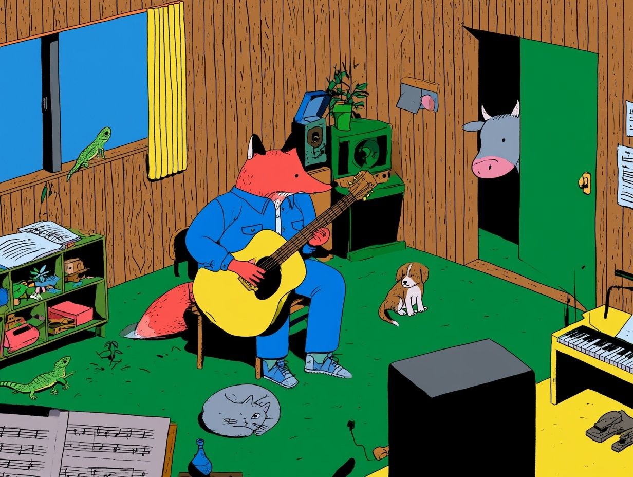 Uma pequena raposa toca guitarra em um estúdio de música aconchegante cercado por pequenos animais
