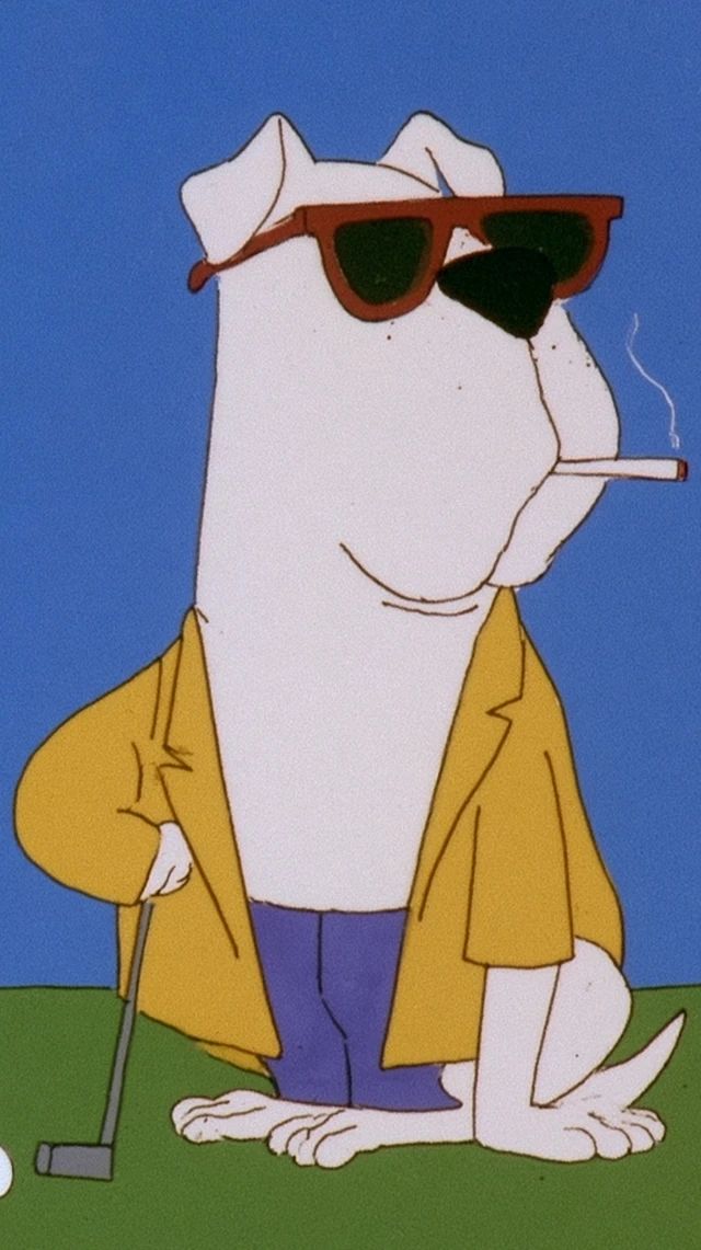 An anthropomorphic dog wearing big Oakley sunglasses and smoking a cigarette while playing golf
