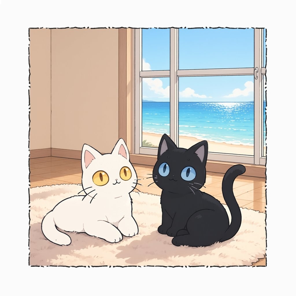 Dos gatos de estilo de dibujos animados descansan en una alfombra beige junto a la ventana
