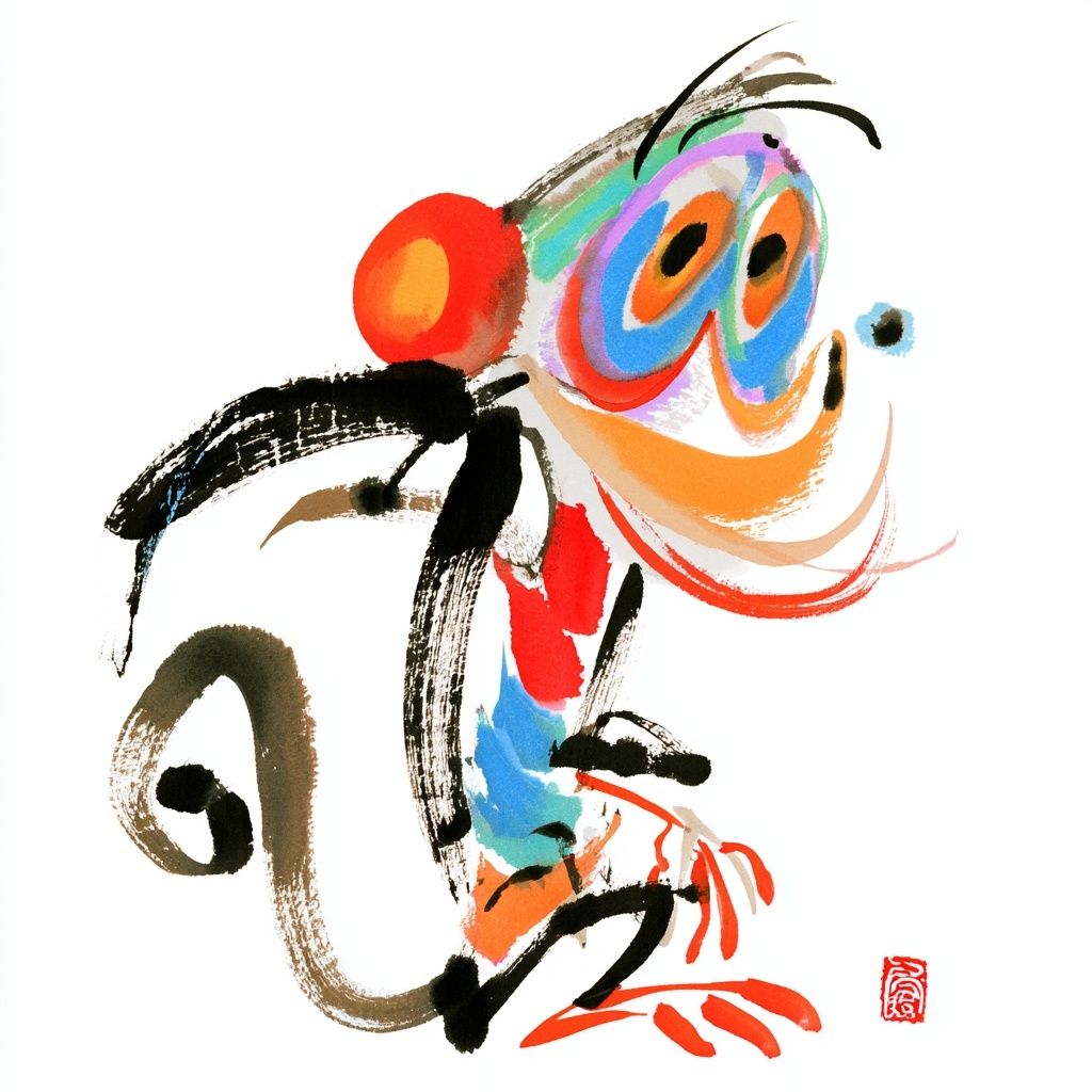 Ein farbenfrohes chinesisches Tuschegemälde, das einen humorvollen und übertriebenen Affen darstellt