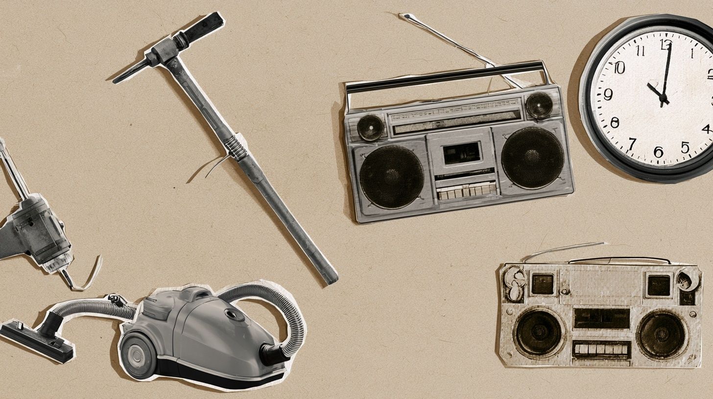 Un collage en papier présentant des objets isolés tels qu'un aspirateur vintage, un burin et un boombox silencieux, évoquant le silence dans un cadre urbain nocturne