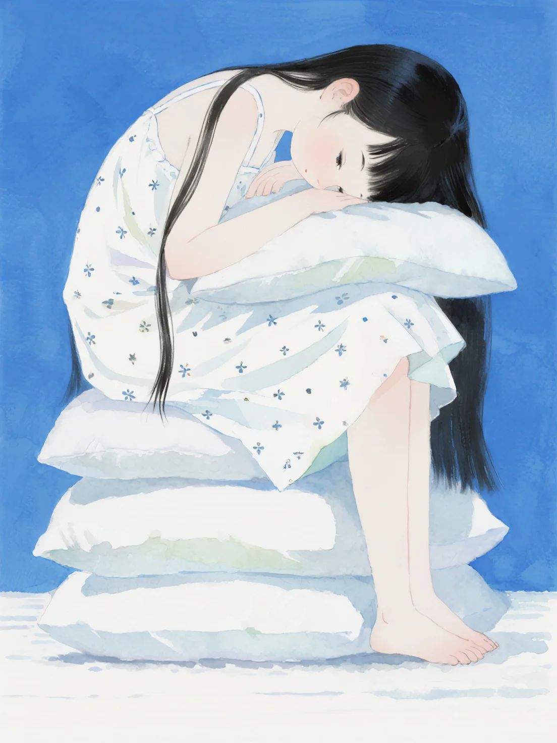 A girl in a white dress buries her head in pillows