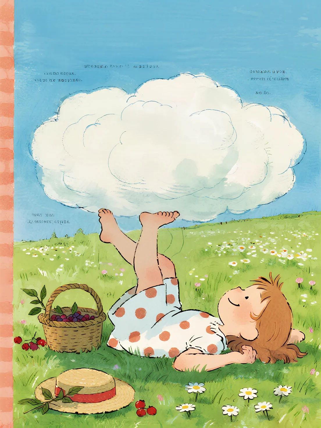 A little girl lies on the grass in a polka dot dress, holding a cloud, embodying innocence and imagination