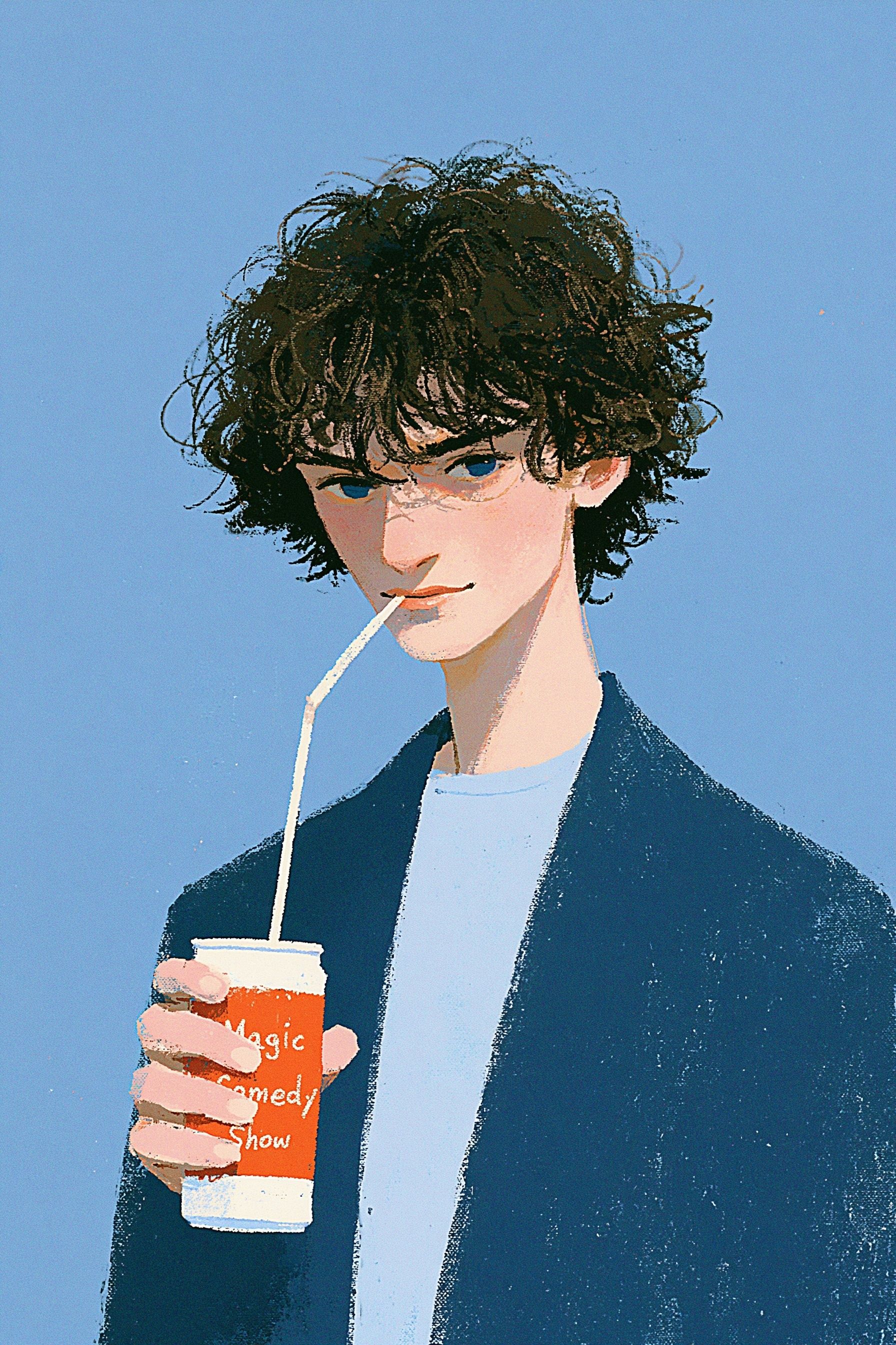 A handsome young man is drinking soda with an expressive face