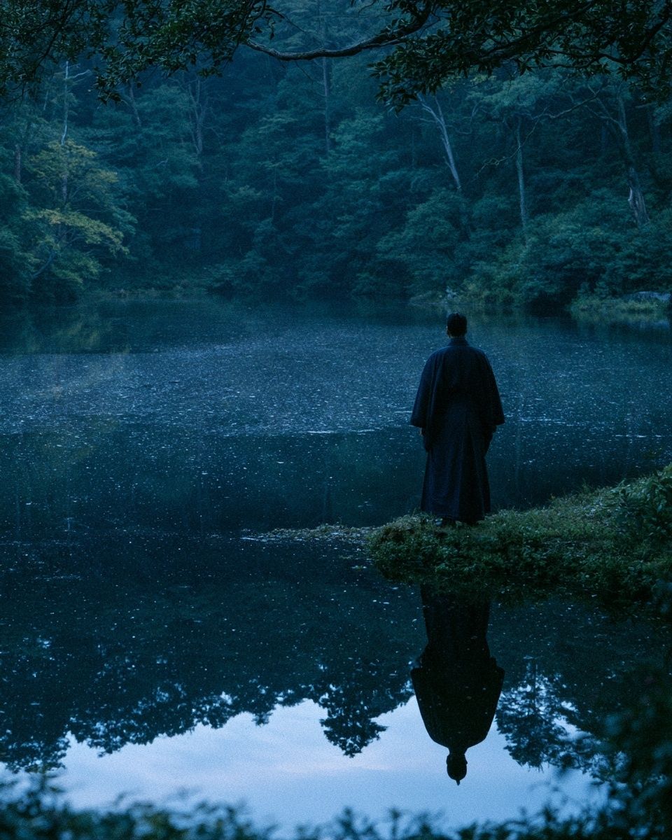 Un samouraï de l'époque Edo se tient tranquillement à côté d'un étang calme, son reflet complet visible dans l'eau