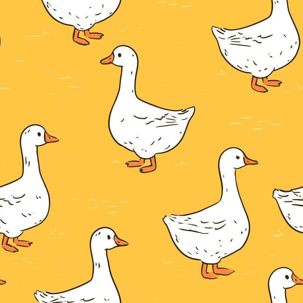 Un fond jaune vif avec plusieurs oies blanches de dessins animés dans diverses poses