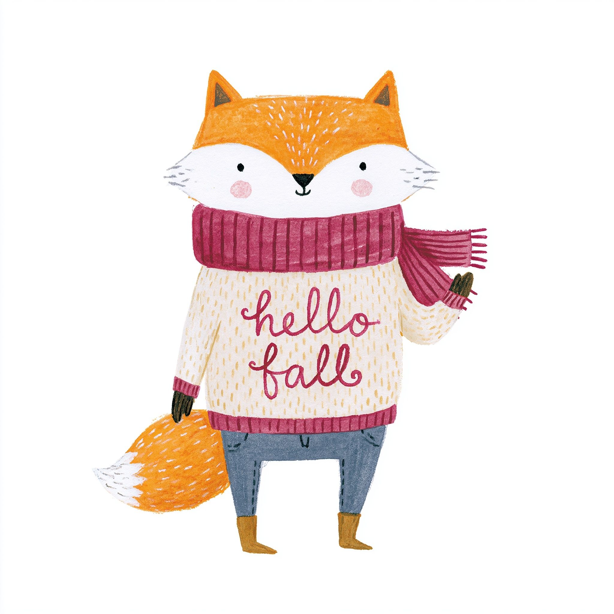 Ein süßer Fuchs trägt einen pflaumenfarbenen Schal und einen Pullover mit 'Hallo Herbst'