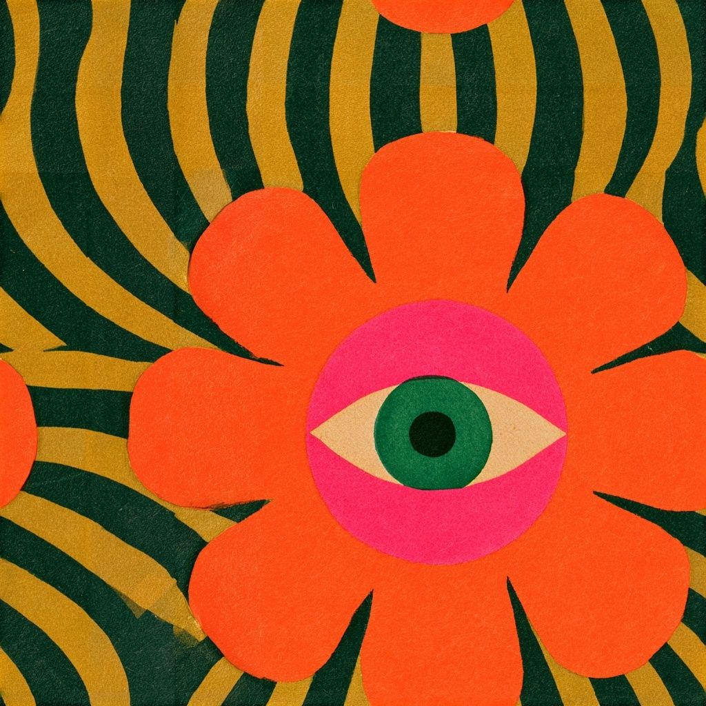 In der Mitte befindet sich eine orangefarbene Blume mit sechs abgerundeten Blütenblättern und einem menschlichen Auge in der Mitte