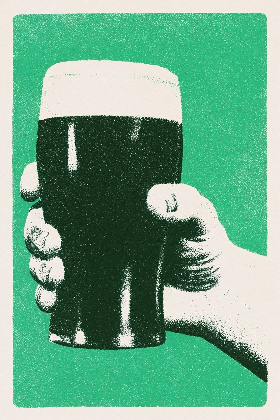 A retro-style illustration poster of a hand holding a pint of Guinness